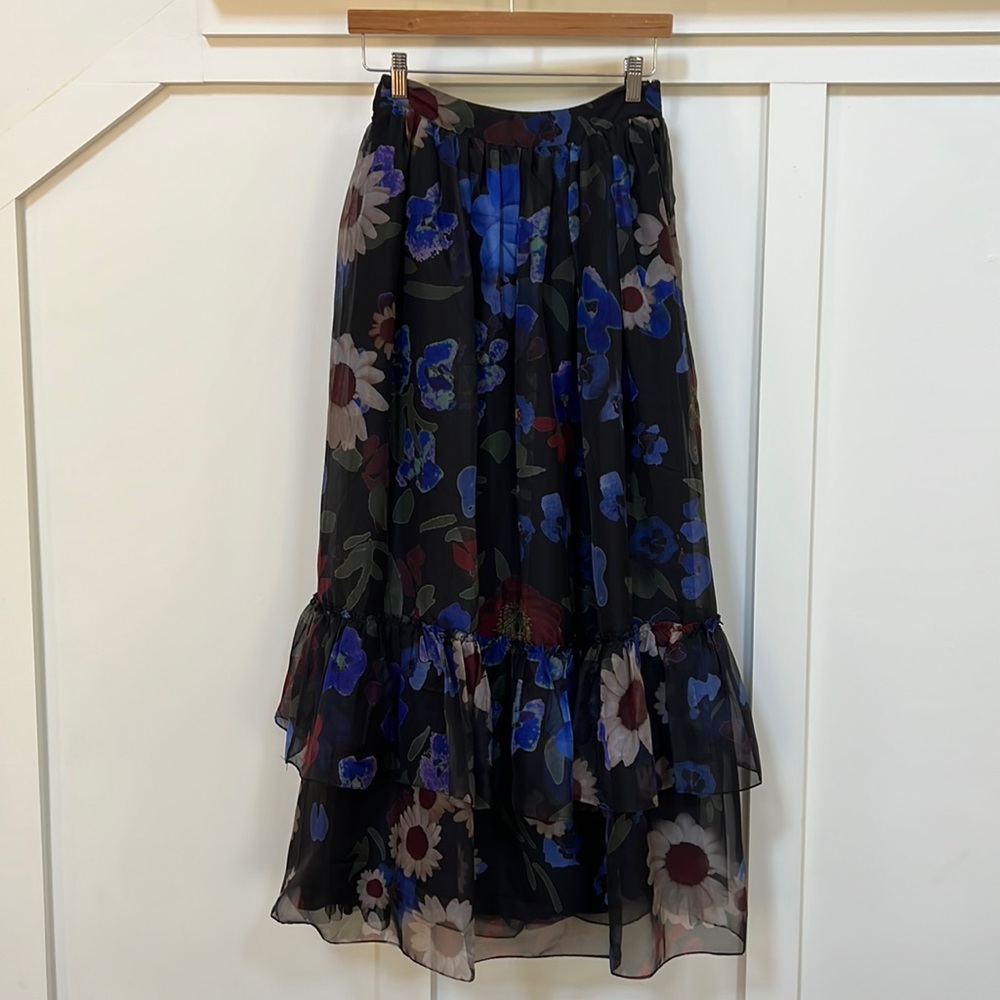Anthropologie Geisha Designs Ruffled Floral Midi Skirt
